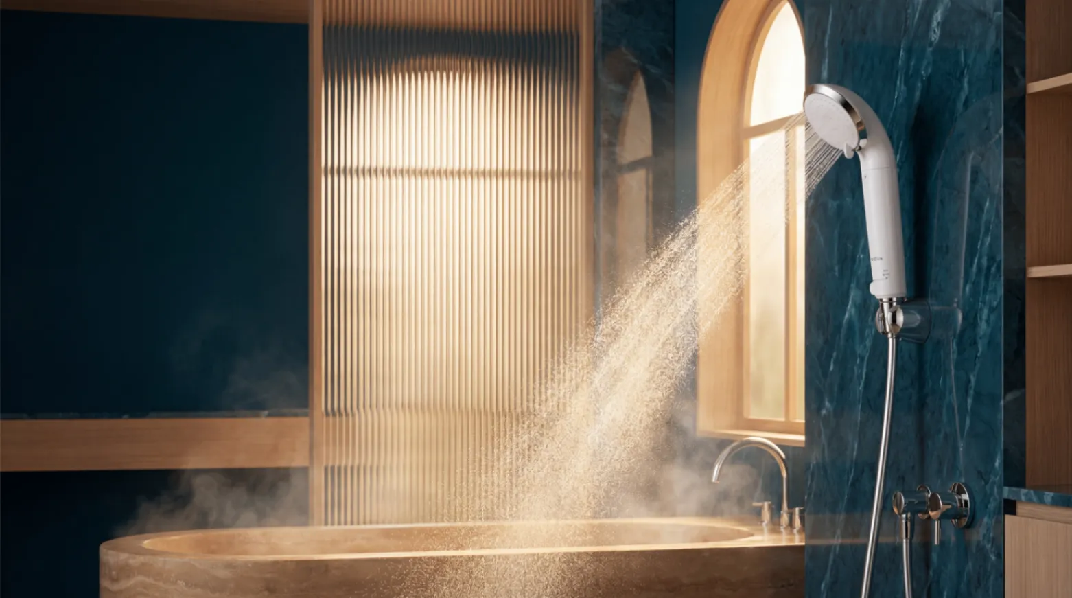 Fontiva douchekop in een warme spa-badkamer met ochtendlicht en fijne nevel